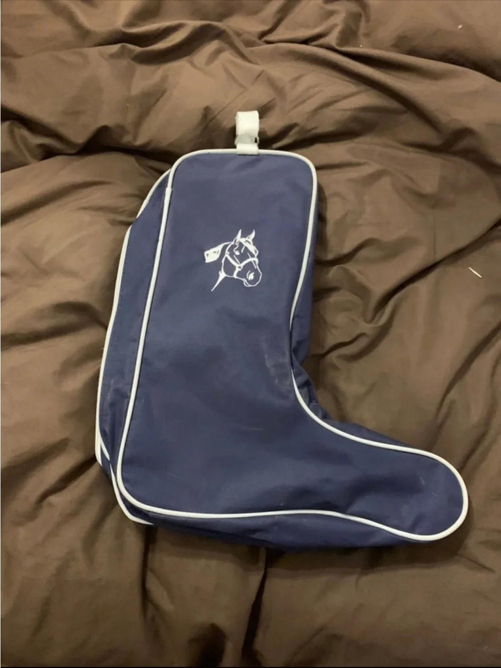 Navy Equestrian Boot Bag with White Piping
